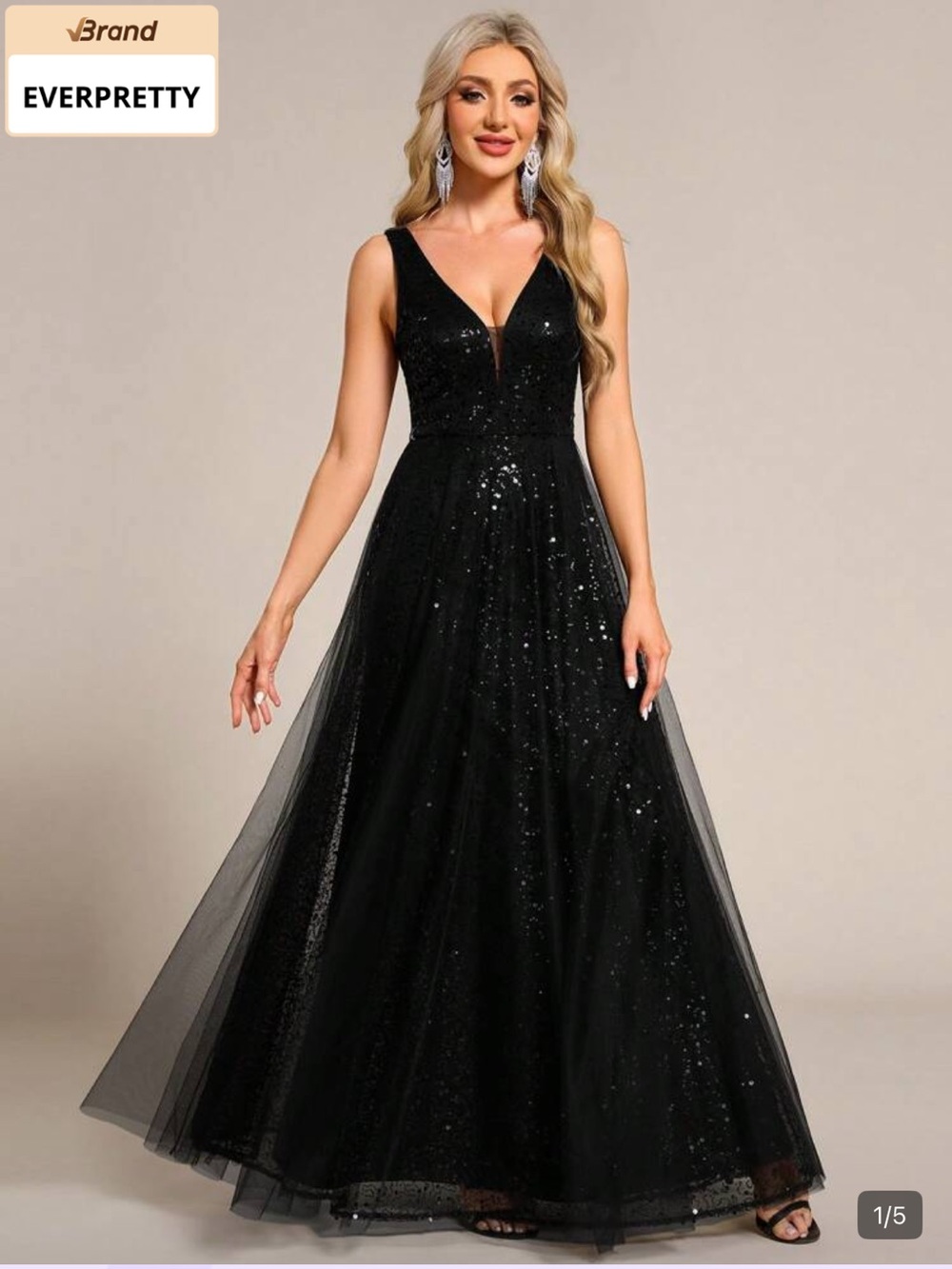 Ever Pretty Black Sequin V-Neck Tulle A-Line Gown